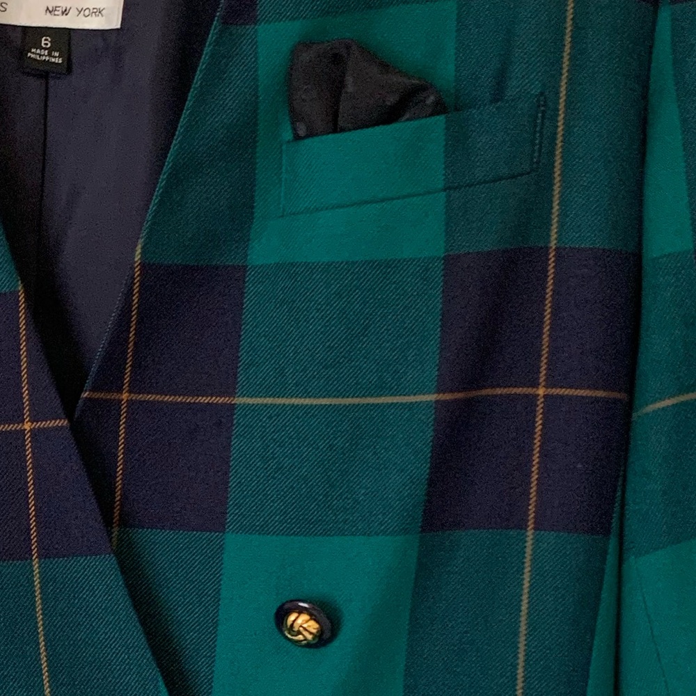Vintage Le Suit Set Blazer Jacket Skirt 2 PC 80s Green Navy Plaid Women’s Size 6 - Picture 6 of 16